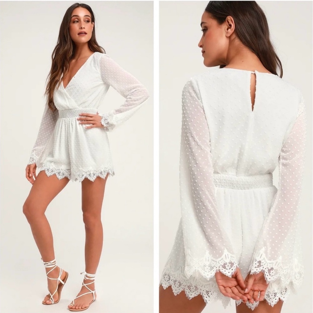 -SALE-Lulus MeadowLake White Swiss Dot Lace Bell Sleeve Romper